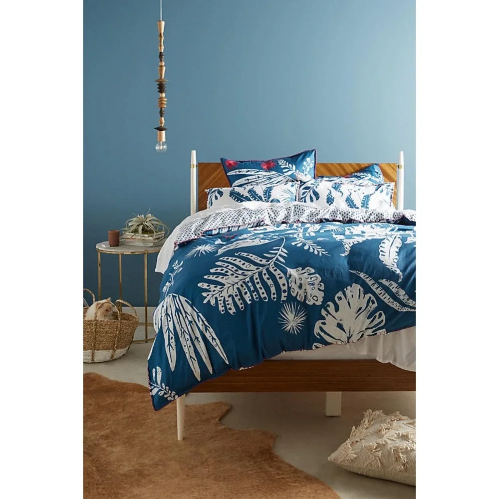 Anthropologie Twin Duvet Cover Palmera Blue Comforter Bedding Palm Tiki Tropical